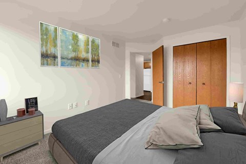 A bedroom with a large bed and a painting on the wall.