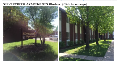 two pictures of the silver creek apartments building and a tree