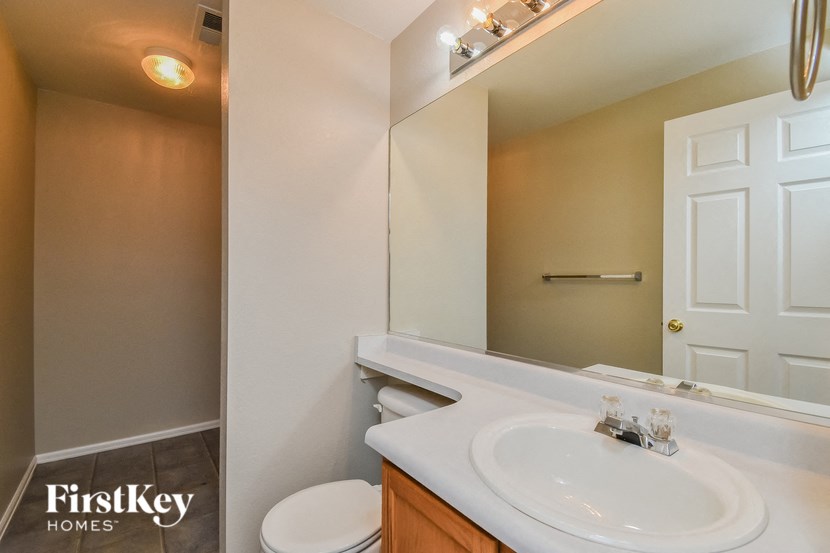 a bathroom with a sink and a mirror and a toilet