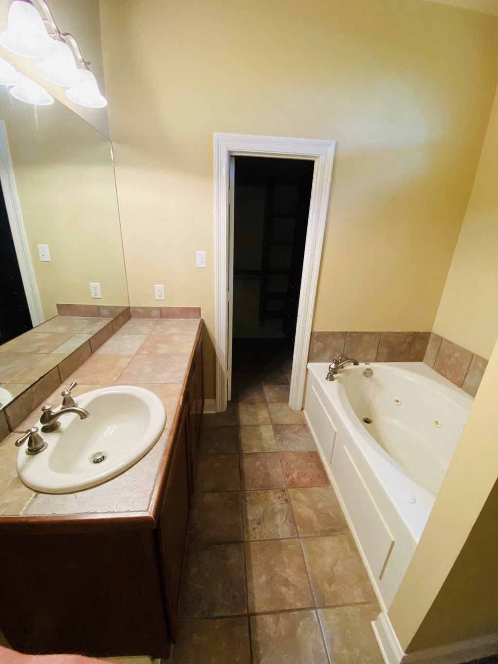 a bathroom with a sink and a tub and a mirror