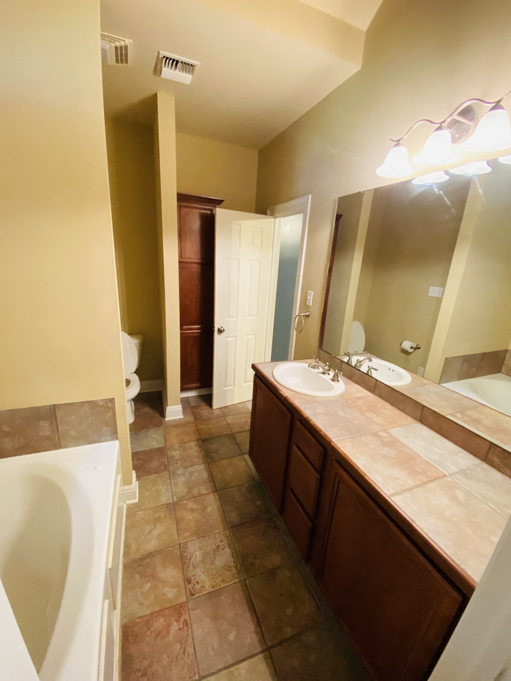 a bathroom with a sink and a tub and a mirror