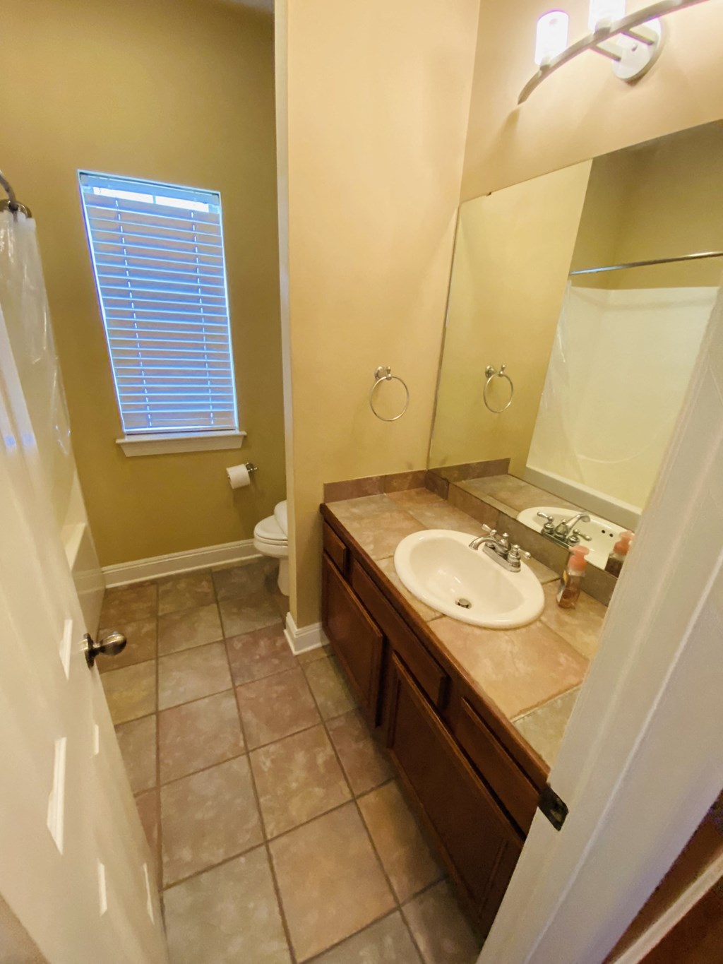 a bathroom with a sink and a shower and a mirror