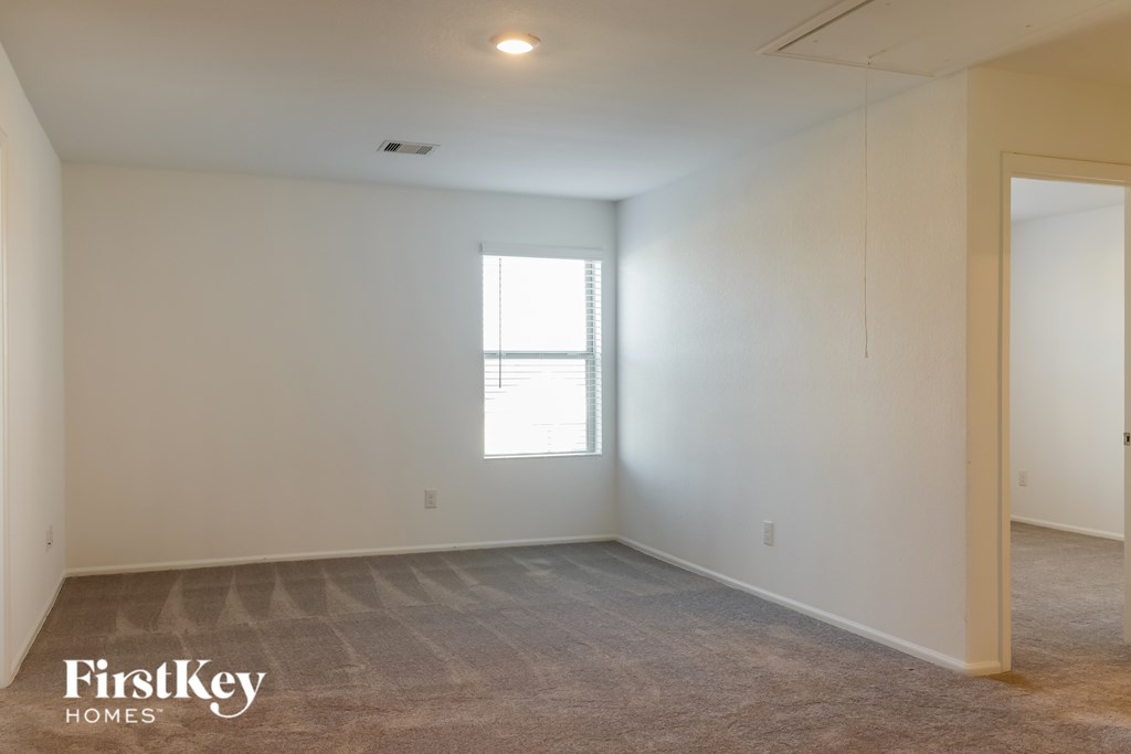 A room with a carpeted floor and a window letting in light.