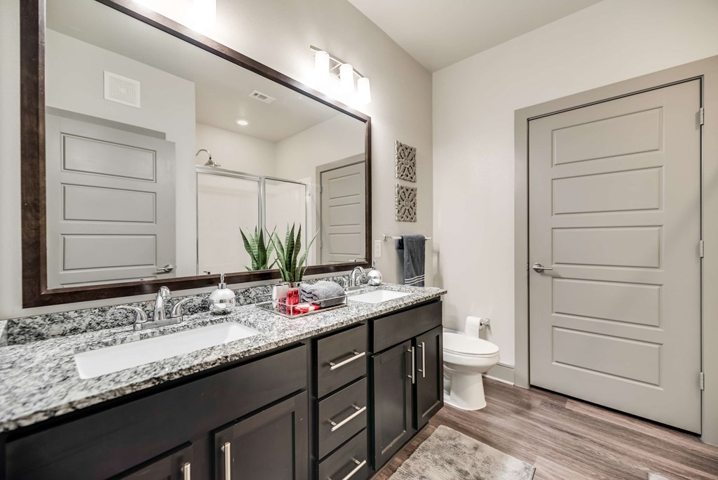 a bathroom with a large mirror and a toilet