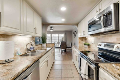 a kitchen with stainless steel appliances and white cabinets