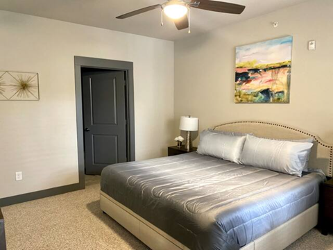 a bedroom with a bed and a ceiling fan