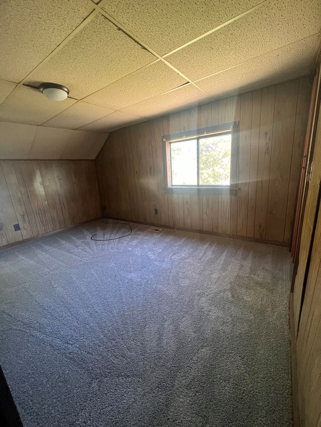 an empty room with a window and a carpeted floor