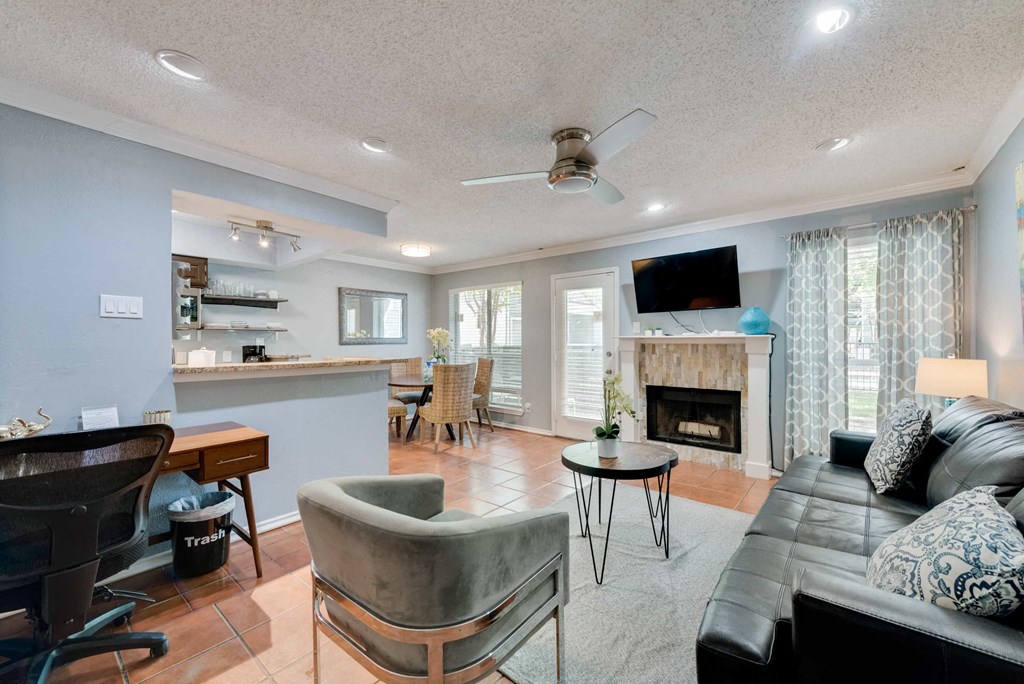 a living room with a couch and a table