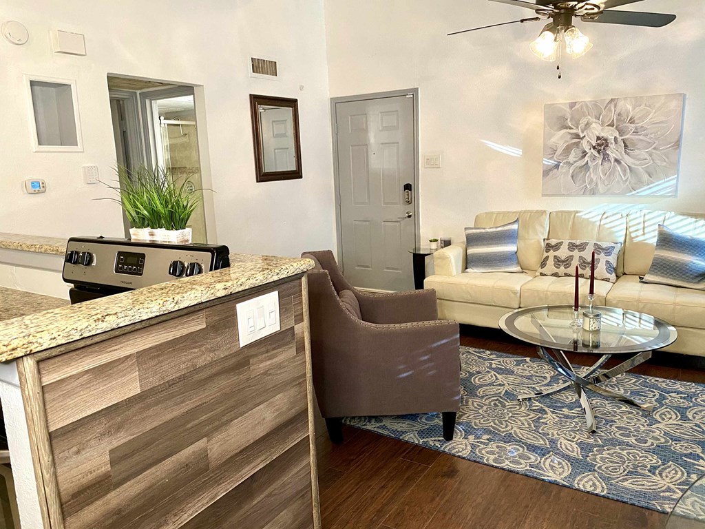 a living room with a counter and a couch and a table