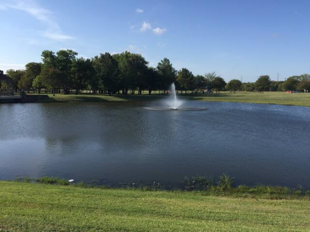 a fountain in the middle of a pond
