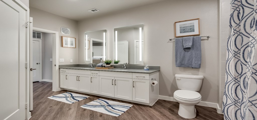 a bathroom with a toilet sink and mirrors
