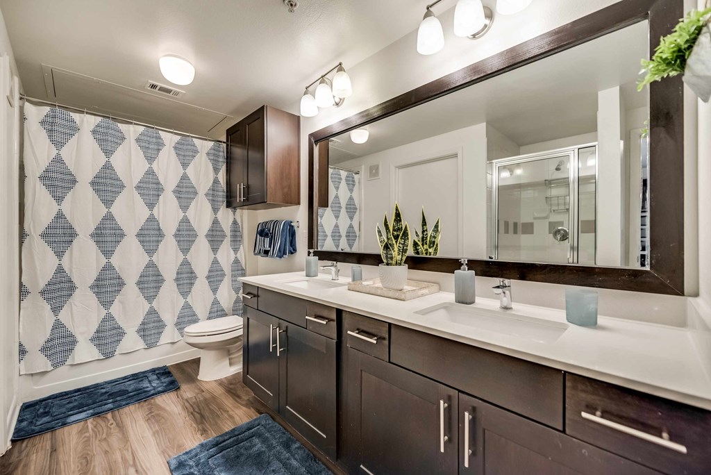 a bathroom with a large mirror and a sink and a toilet