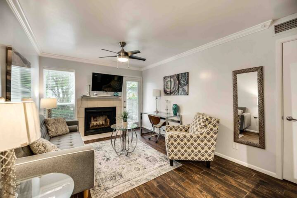 a living room with a couch and a chair and a fireplace