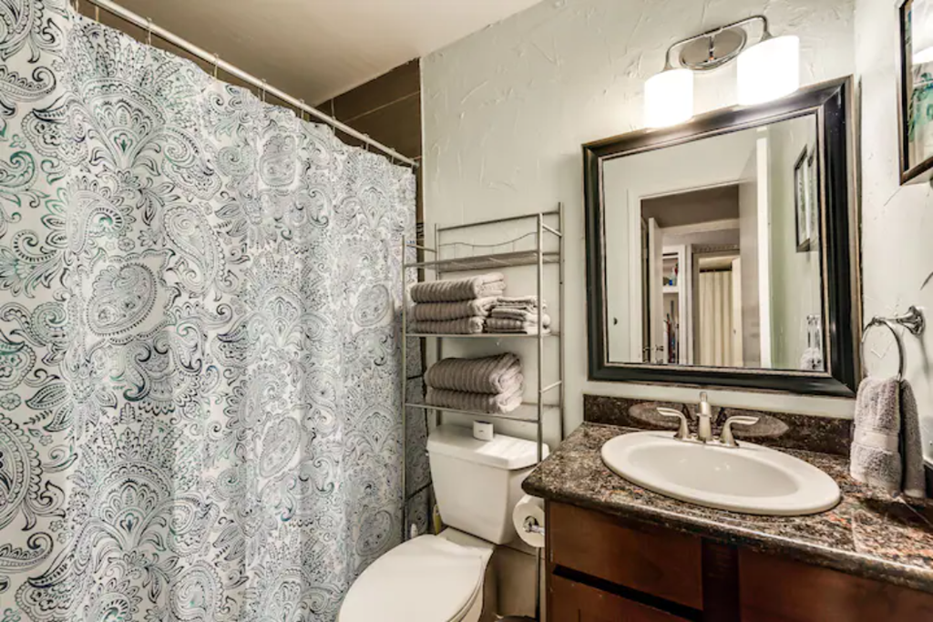 a bathroom with a shower and a toilet and a sink