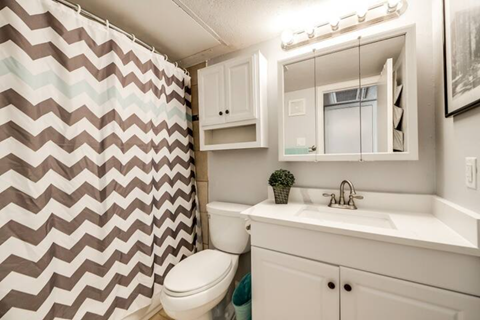 a bathroom with a sink toilet and a shower