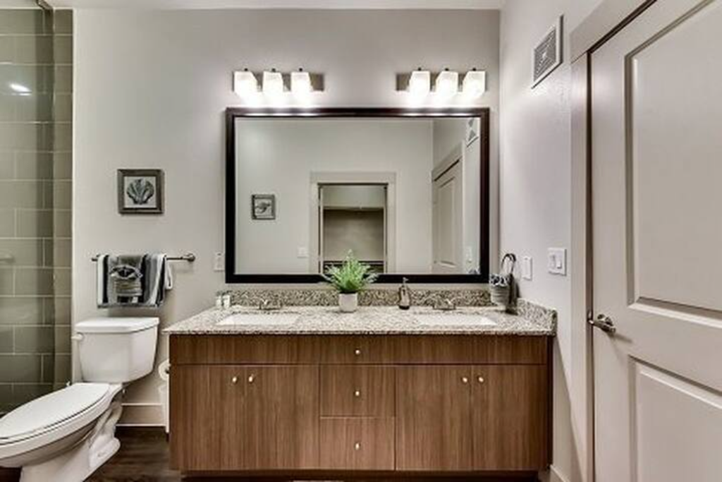 a bathroom with a sink and a mirror and a toilet