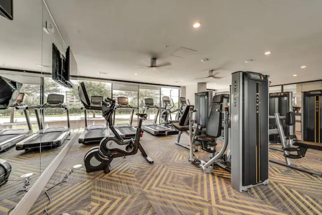 the gym is equipped with cardio equipment and weights