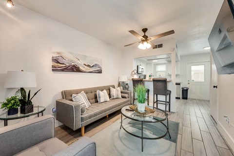 a living room with a couch and a ceiling fan