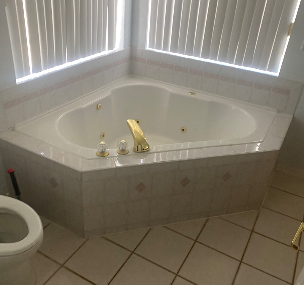 a large white tub in a bathroom next to a toilet