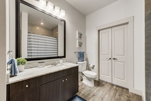 a bathroom with a toilet and a large mirror