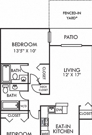 The Forsythia with Fenced-in Yard 3D forsythia 2 bedroom apartment with fenced-in yard. eat-in kitchen with bartop peninsula island. open to living room. 2 full baths. in-unit laundry. patio.