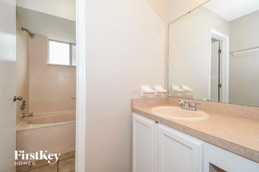 a bathroom with a sink and a shower and a mirror
