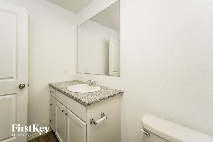 a bathroom with a sink and a mirror and a toilet