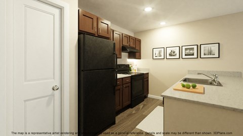 a kitchen with a black refrigerator and a sink