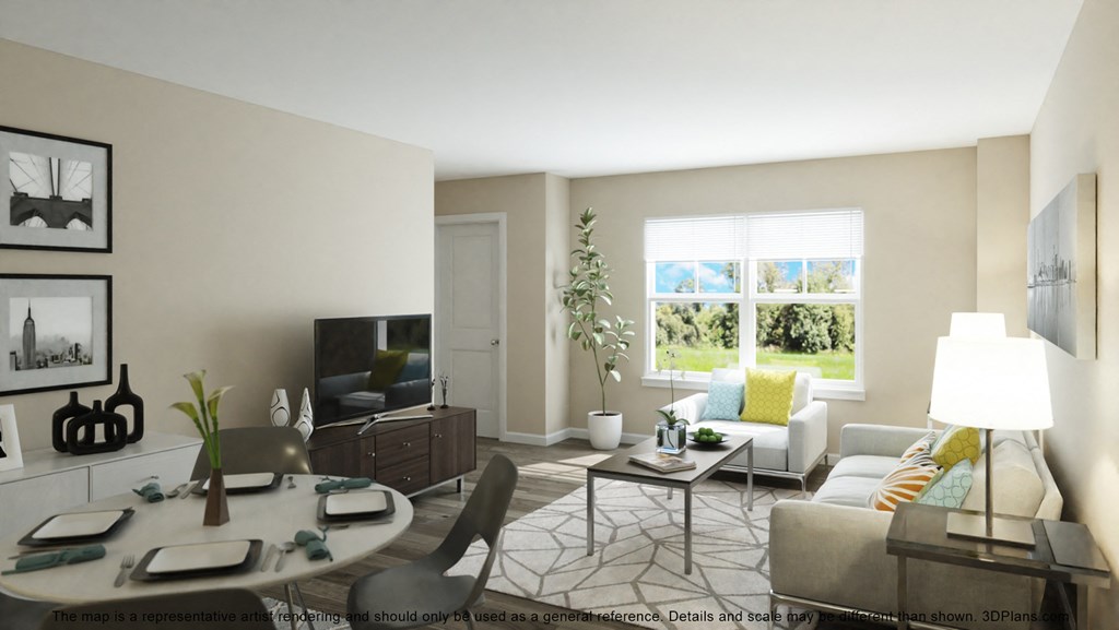 a living room with a couch and a table and a television