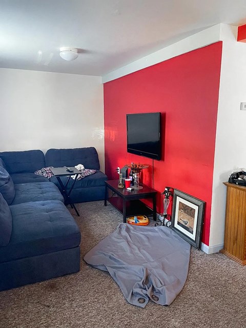 a living room with a red wall and blue couches