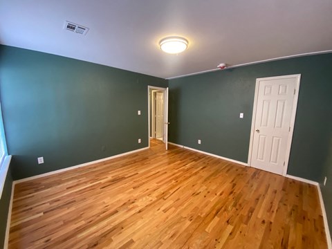 a living room with green walls and a wooden floor and a door