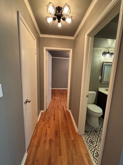 A hallway with a wooden floor and a chandelier.