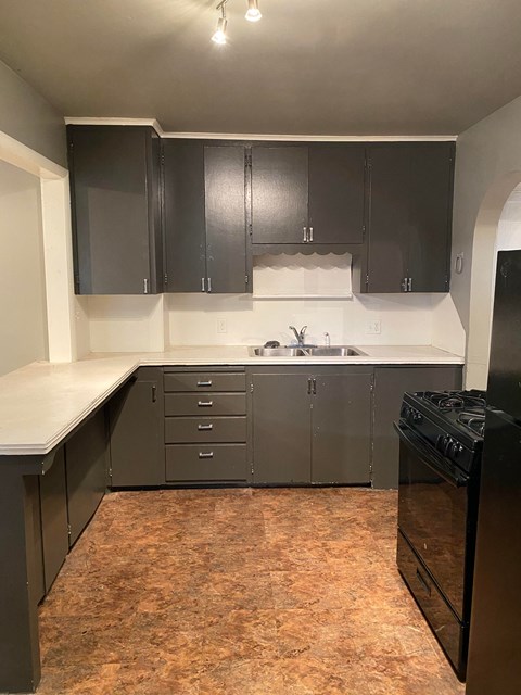 a kitchen with black cabinets and a sink and a stove