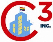 A blue building with a rainbow flag on top is inside a red circle with the number 3 and the letters INC.
