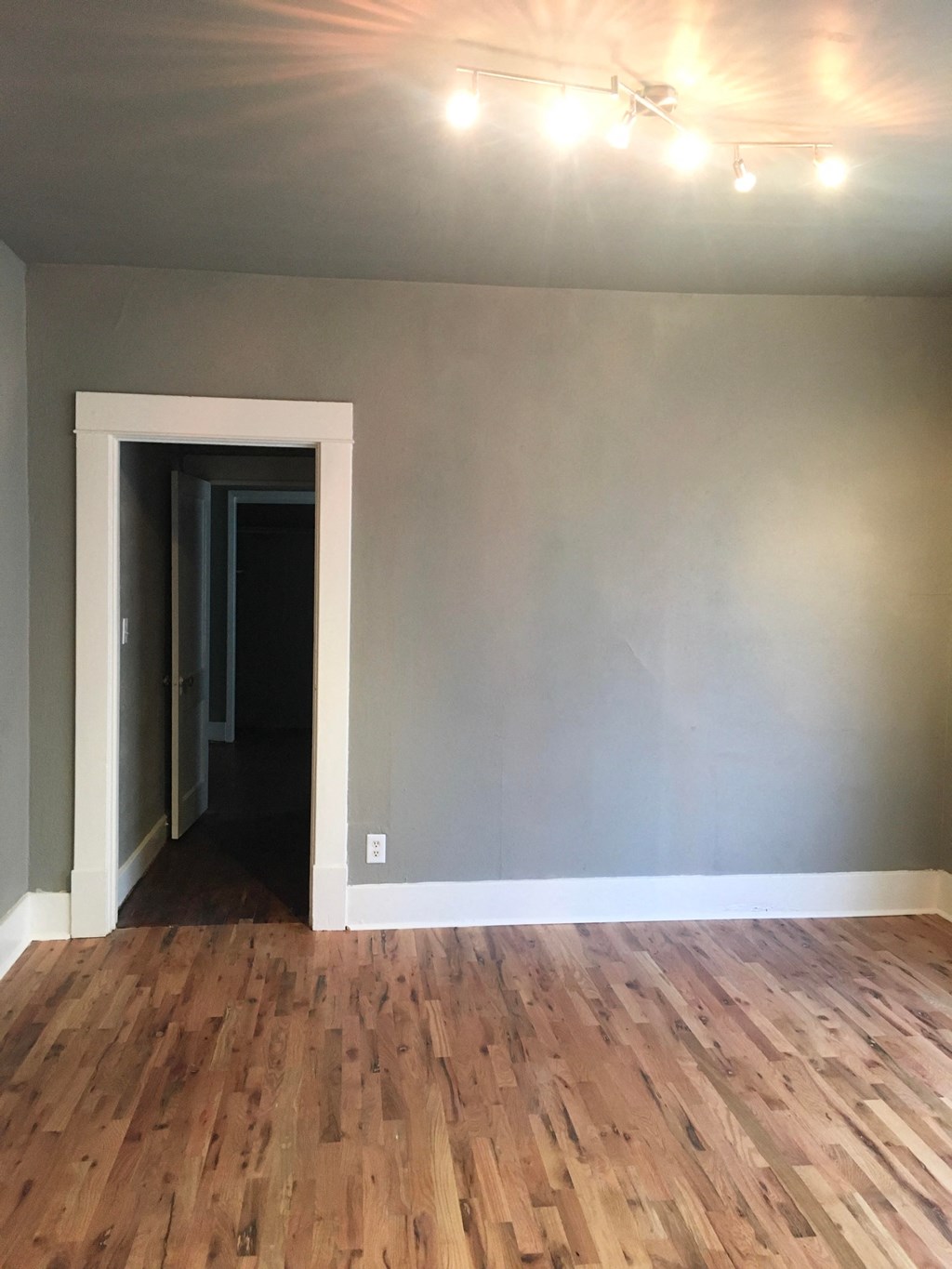 a living room with gray walls and wooden floors
