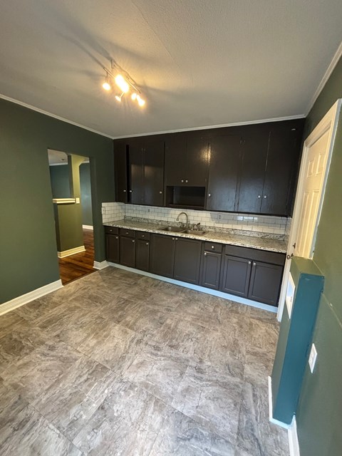 A kitchen with black cabinets and a green wall.