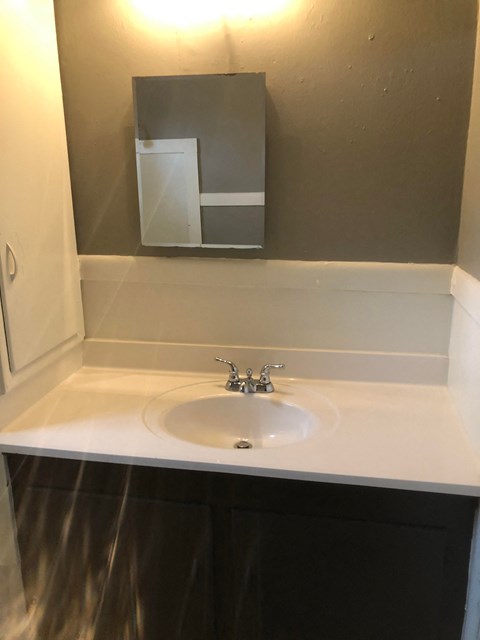 a bathroom with a sink and a mirror