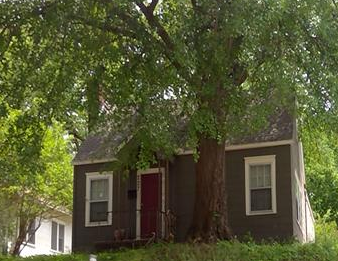 A small house with a red door is surrounded by trees.
