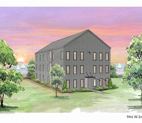 a rendering of a gray building with a sunset in the background