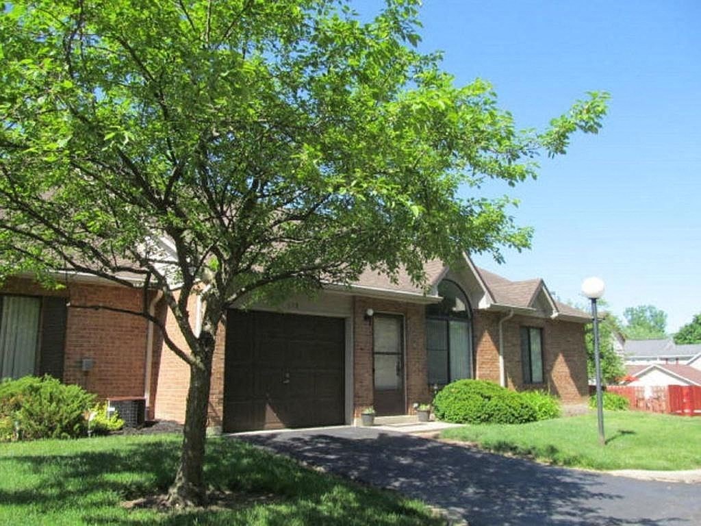 A tree in front of a brick house.