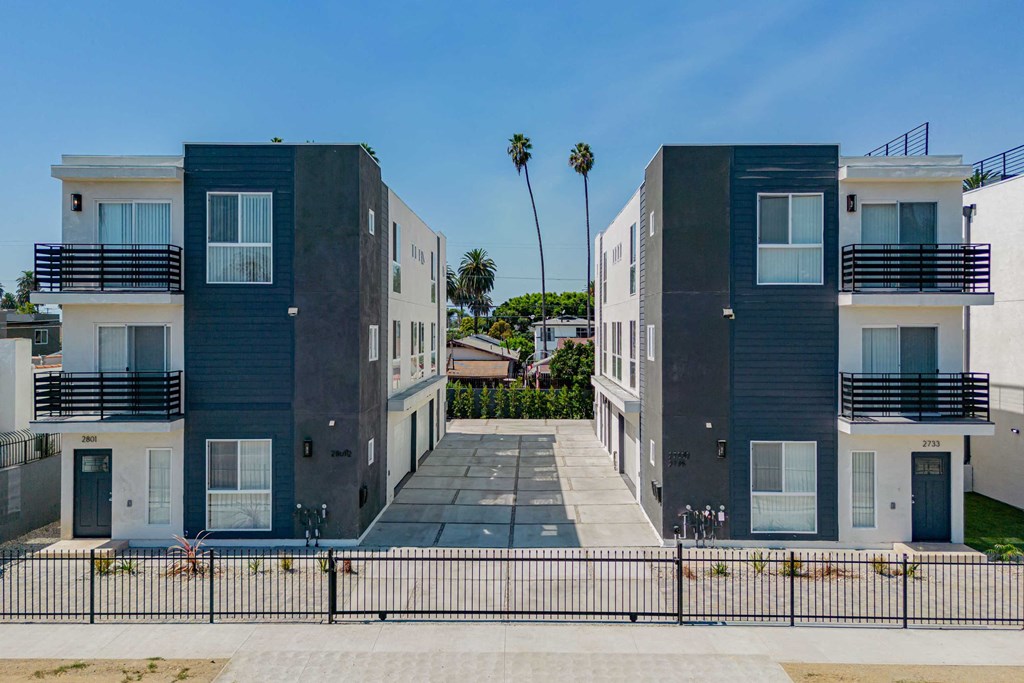 a row of buildings with palm trees in the background