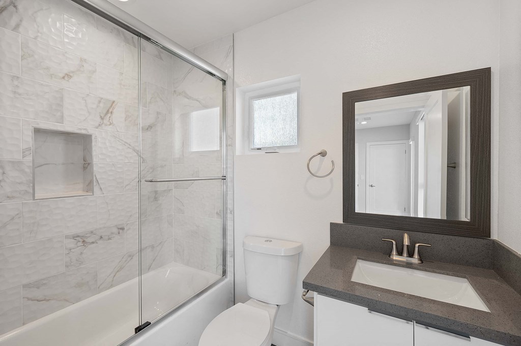 a bathroom with a shower toilet and sink and a mirror