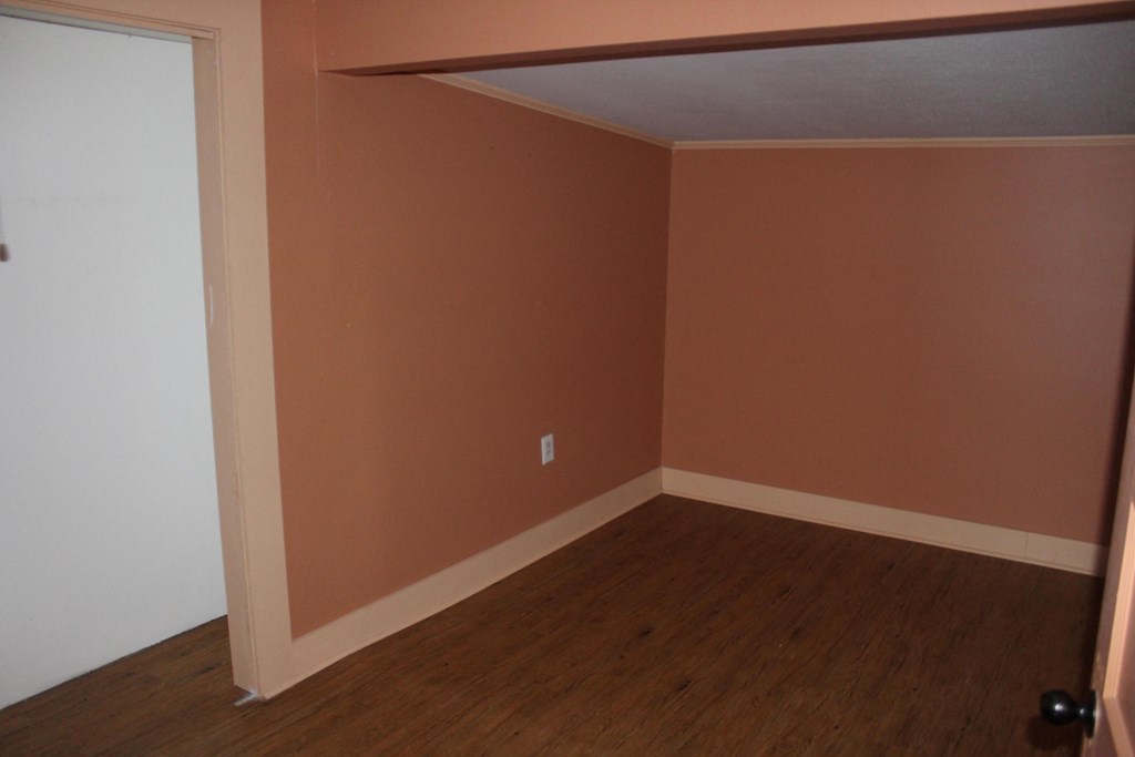 Empty room with brown walls and wooden floor.