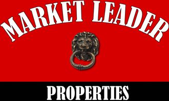 a logo for market leaders properties with a lions head on a red and black background