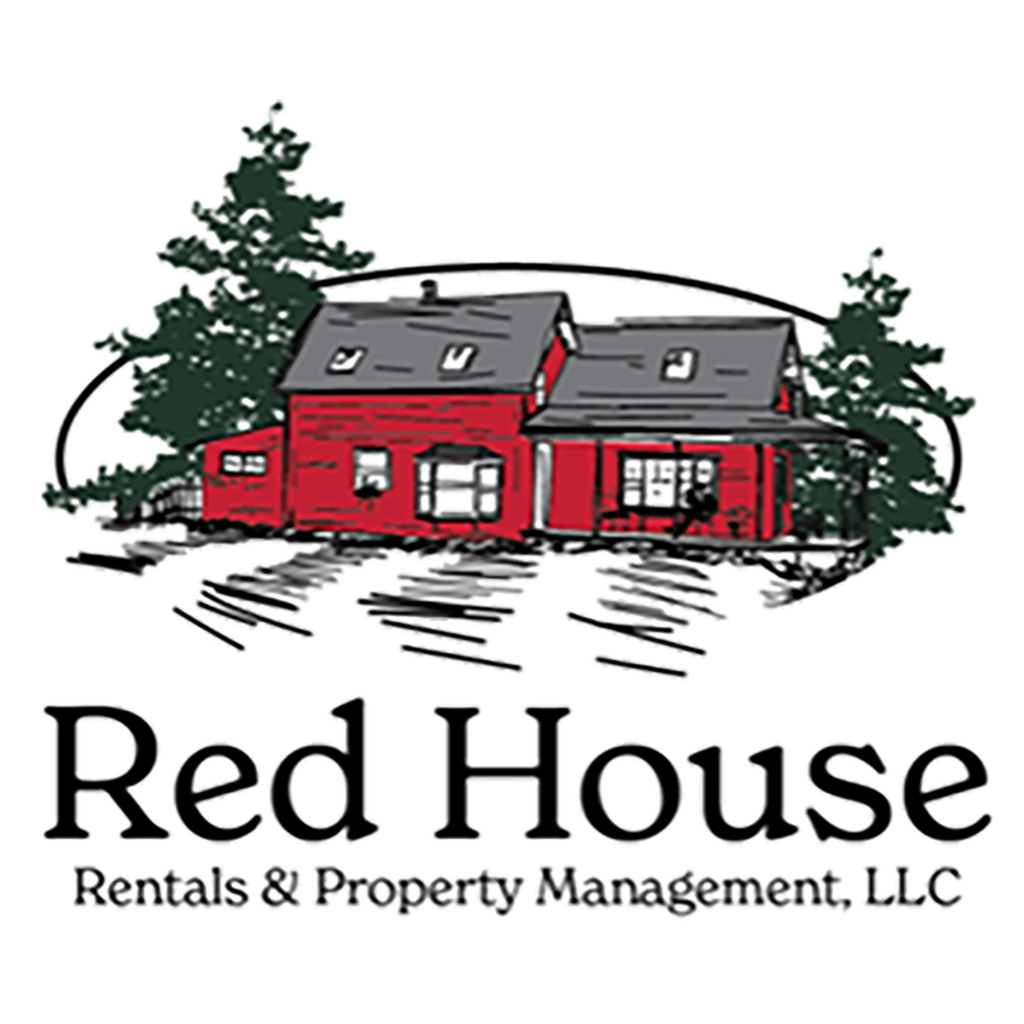 A logo for Red House Rentals & Property Management, LLC featuring a red house with trees.