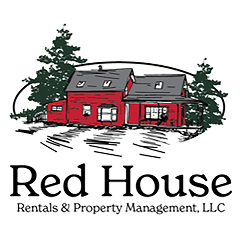 A logo for Red House Rentals & Property Management, LLC featuring a red house with trees.