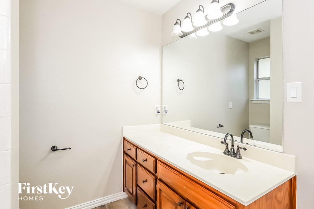 a bathroom with a sink and a large mirror
