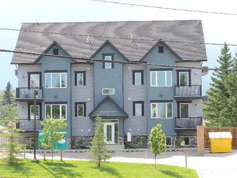 a large gray house with trees in front of it