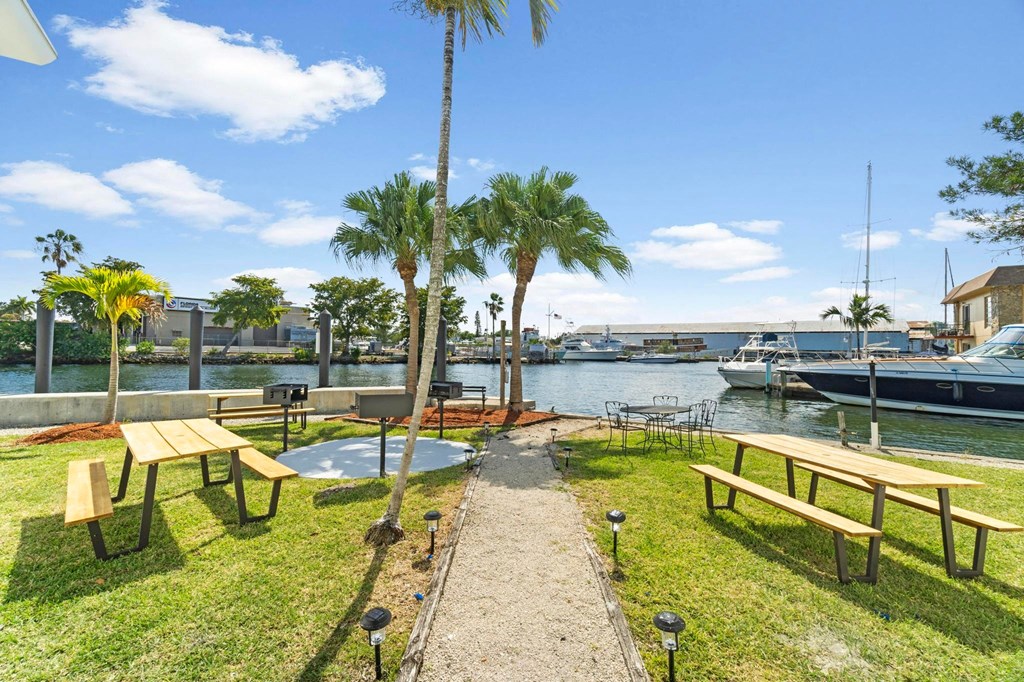 a row of picnic tables overlooking a marina with boats