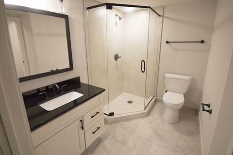 A bathroom with a sink, toilet, and shower.
